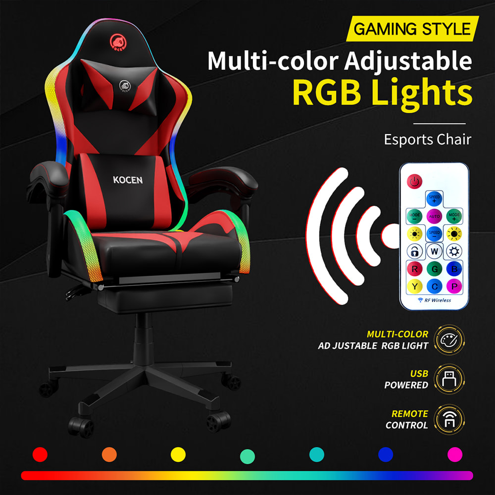 Sedia da gioco in tessuto di pelle PU, sedia per eSport con luci RGB regolabili multicolori, alimentazione USB, telecomando