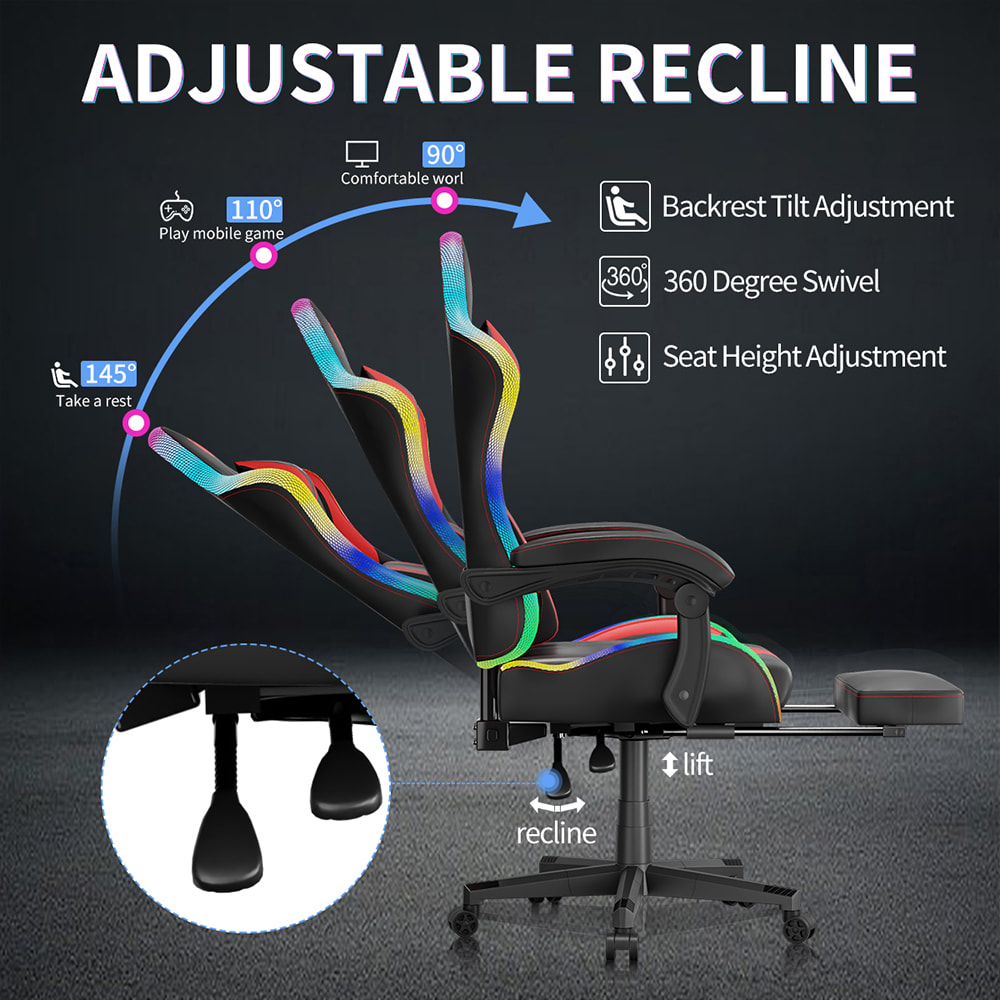 Sedia da gioco in tessuto di pelle PU, sedia per eSport con luci RGB regolabili multicolori, alimentazione USB, telecomando